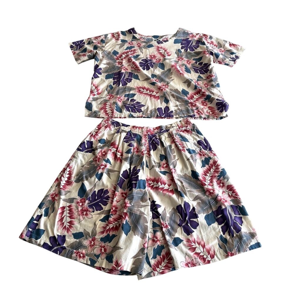 Hilo Hattie Hawaii VTG Cotton Rayon Tropical‎ Hibiscus Top and Shorts Set XL